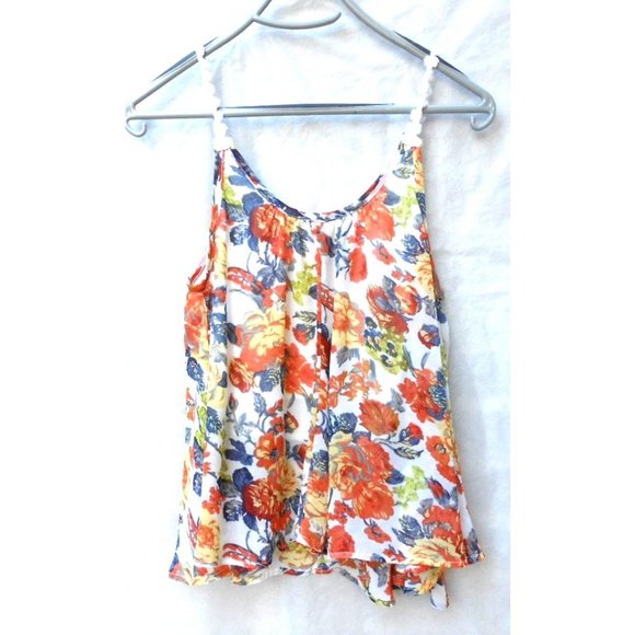 PPLA Clothing Women Floral Tank Top L Cream Rust Black Yellow Sheer Lined - Picture 4 of 4